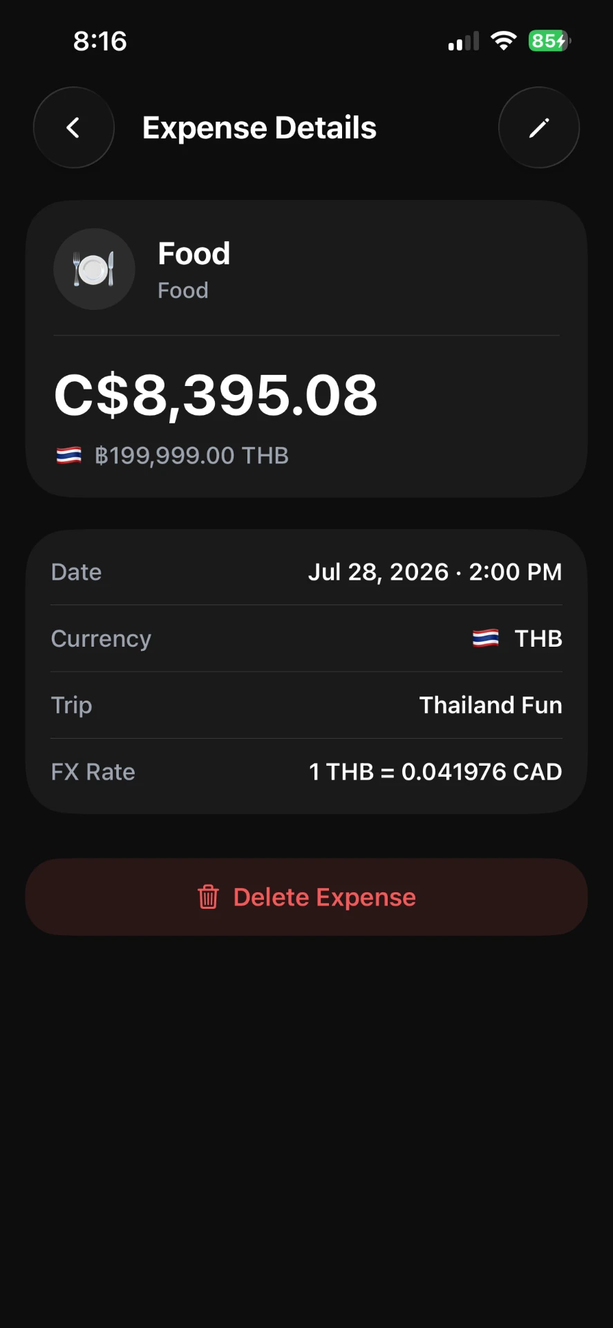 Tendr expense details with FX rate